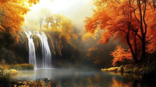 Autumn cascade descending into tranquil misted forest pool.
