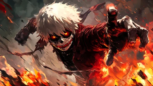 Masked white‑haired figure lunging forward amid fire and smoke.