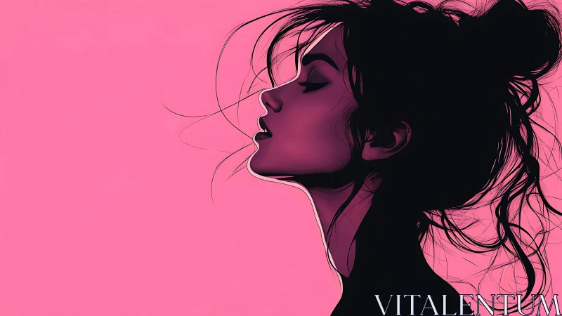 Side profile digital portrait of woman on hot pink background.