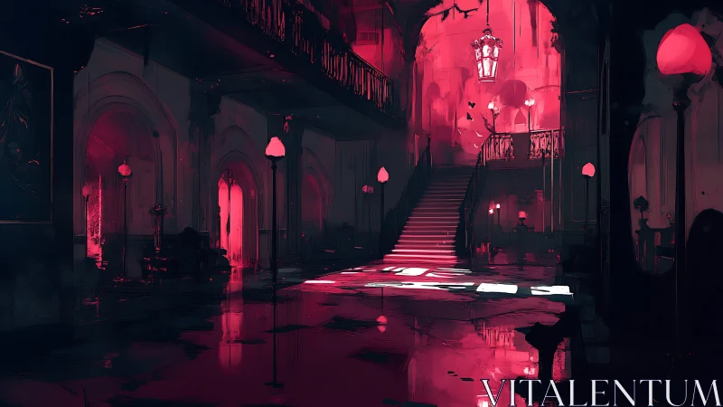 Crimson echo hall where haunted chandeliers quietly burn.