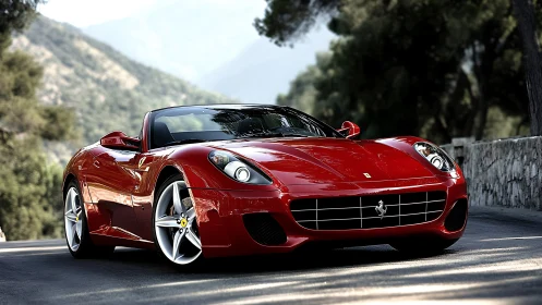 Red convertible sports car hugs sunlit mountain road.