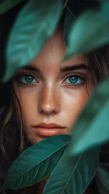 Freckled woman with teal eyes framed by lush green leaves.