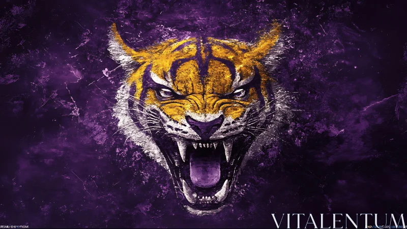 Roaring neon tiger tears open a storm of royal purple