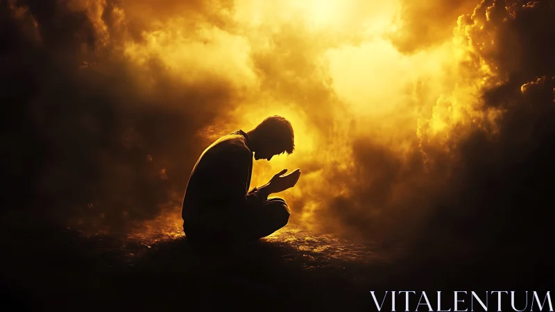 Soulful silhouette in golden clouds of quiet surrender.