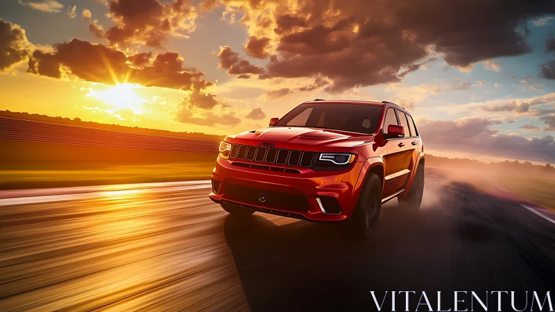 Red SUV accelerates on wet racetrack under vivid sunset