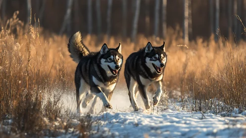 Two Siberian huskies move through snowy field in warm light