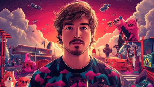 Digital portrait in surreal neon environment with animals.