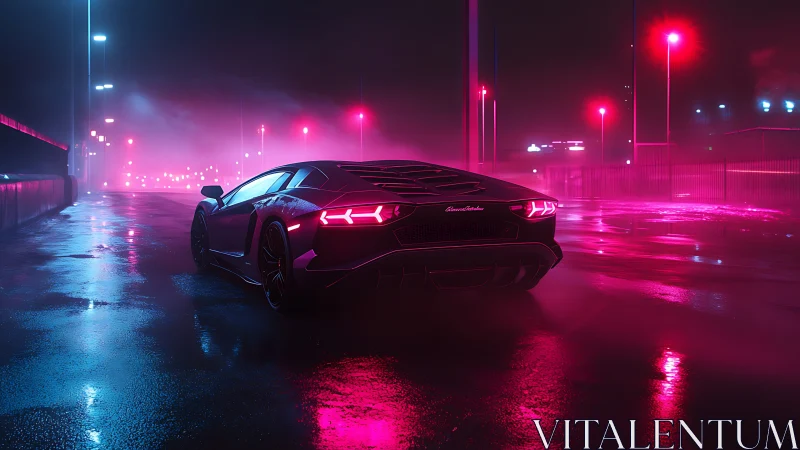 Neon lit supercar on wet asphalt under volumetric pink blue haze