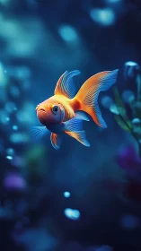 Gentle goldfish glides through dreamy, glowing blue water