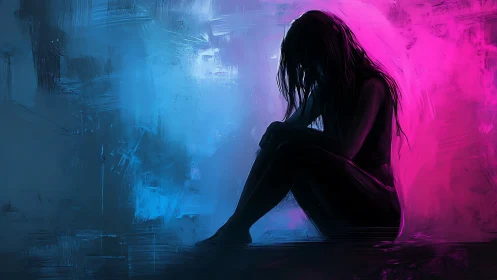 Neon shadows cradle a lone silhouette in quiet ache