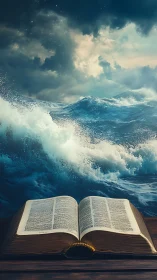 Open bible rests before stormy ocean under dramatic sky