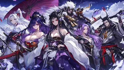 Moonlit blades gather where blossoms and battle-lines blur