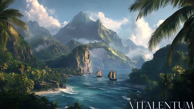 Tropical Archipelago with Sailboats and Mountain Landscape.