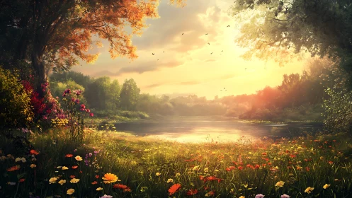 Sunlit river bank shows dense wildflowers and distant trees