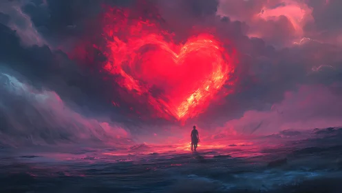 Celestial Heart Ablaze: A Solitary Vigil Beneath Passion's Glow.