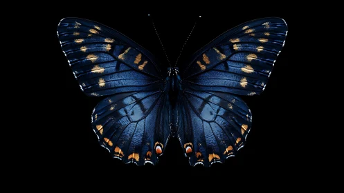 Midnight blue butterfly with metallic orange highlights.