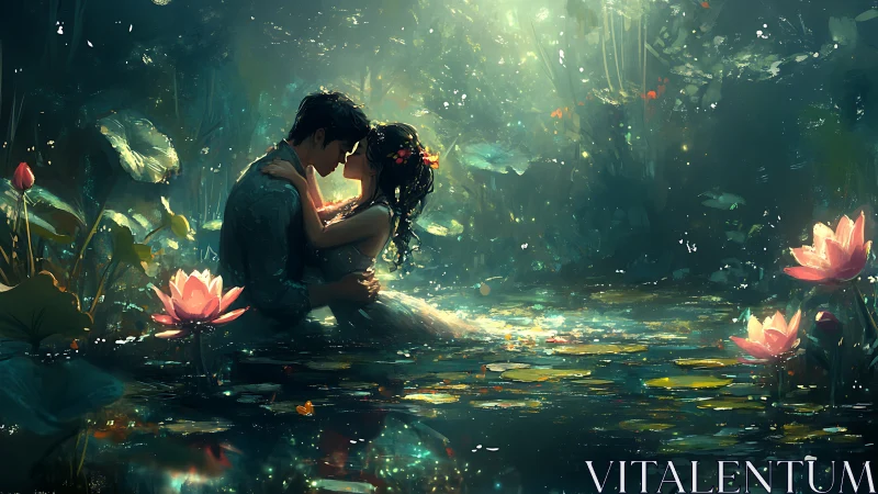 Couple in Mystical Lotus Pond Under Ethereal Light.