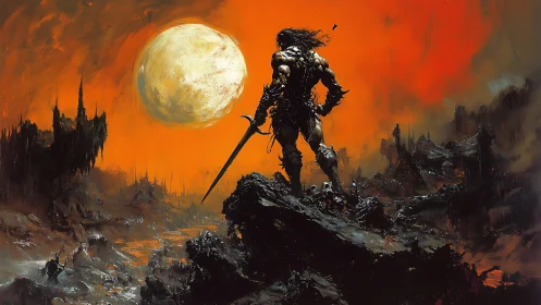 Lone moonlit warrior wandering a blazing ruined frontier.