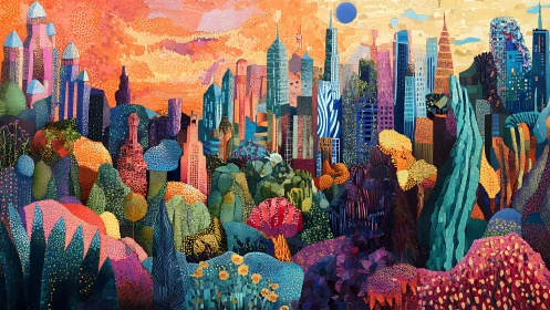 Hyperchromatic mosaic cityscape with abstract botanical foreground