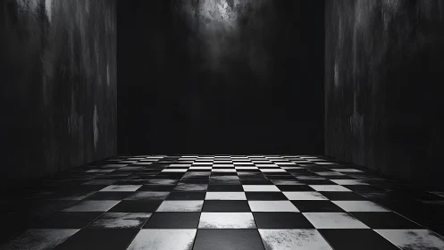 Chessboard void unfolds in a stark, echoing shadow chamber.
