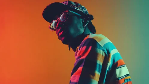 Side profile portrait in multicolor studio lighting setup.