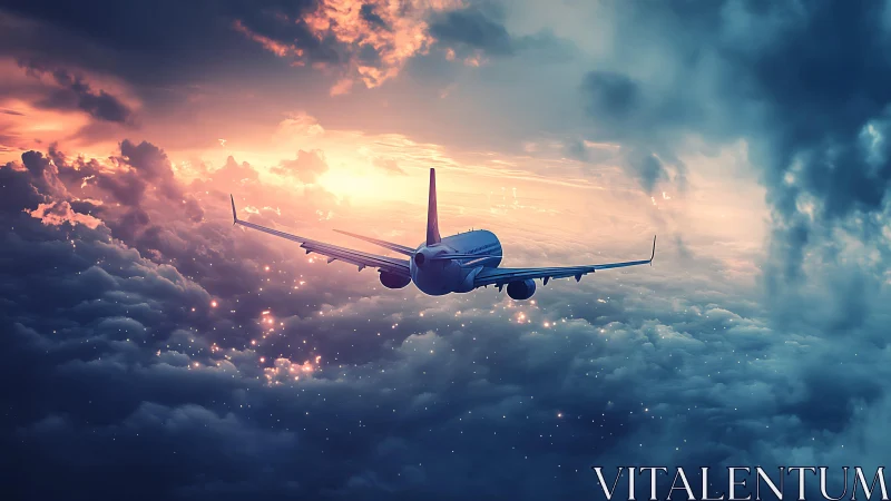 Twin‑engine jetliner cruising above luminous storm cloud deck