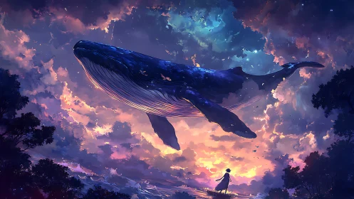 Giant celestial whale drifts above child at glowing sunset.