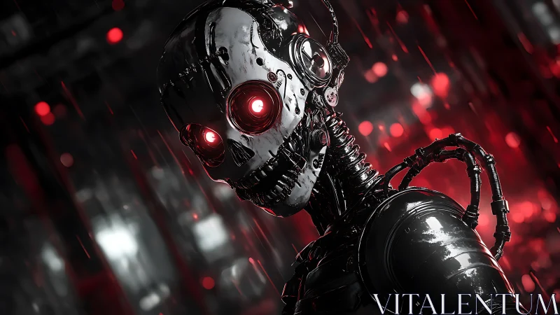 Chromed skull android in red-lit industrial rain environment.