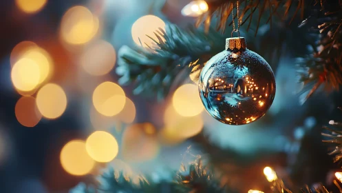 Photorealistic close-up of reflective Christmas ornament bokeh.