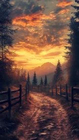 Mountain trail glows under dramatic golden sunset sky.