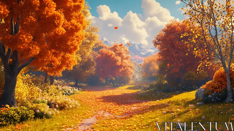 Sunlit forest path curves through vivid autumn foliage