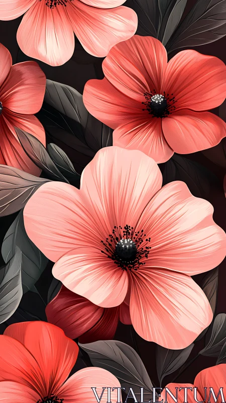 Coral poppy flowers bloom against dark backgrounds