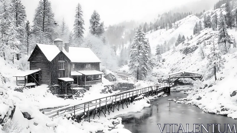 Snowy riverside cabin and bridges in a quiet winter valley.