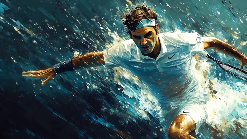 Explosive tennis lunge in dynamic teal and gold strokes.