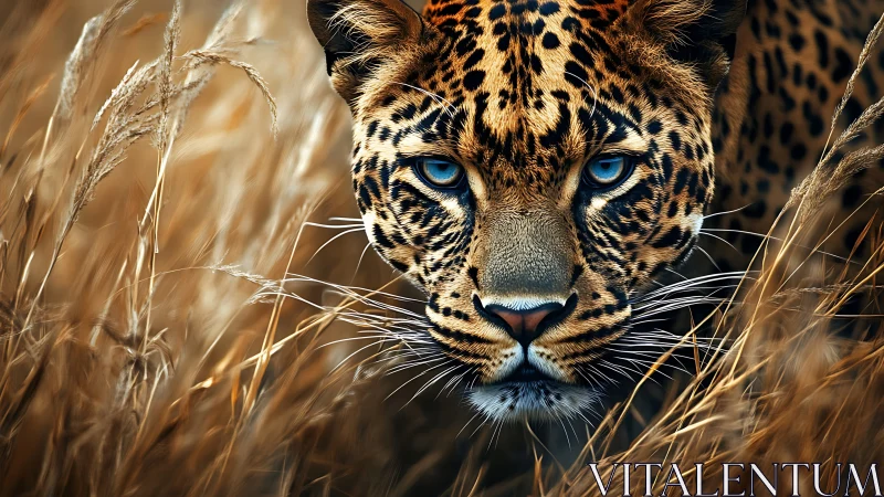 Leopard with Striking Blue Eyes Emerging Through Dry Grass