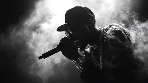High-contrast silhouette of hip-hop vocalist in stage smoke