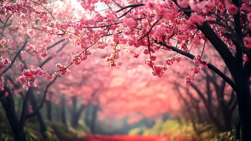 Cherry blossom arcade over softly glowing spring path.