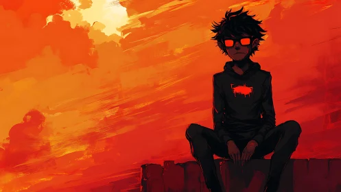 Solitary figure sits against a saturated red-orange sky backdrop