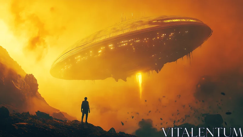 Solitary observer beneath colossal descending alien mothership