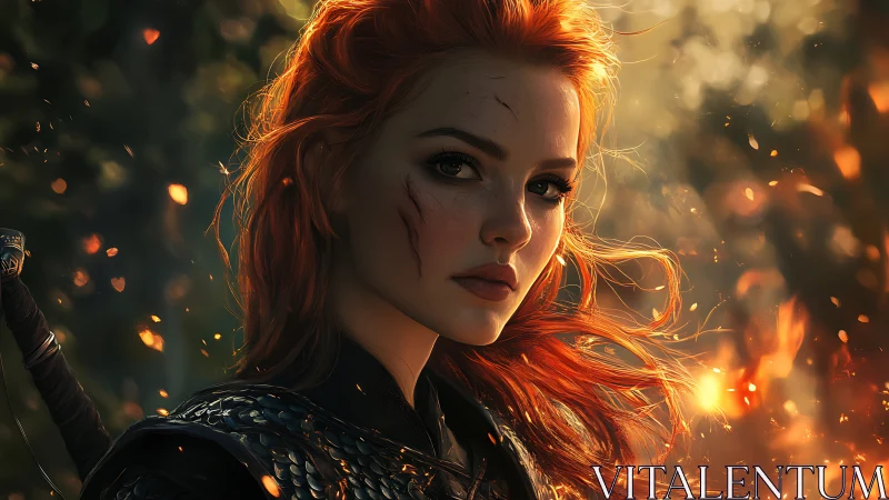 Red-haired warrior in armor amid sparks at sunset.