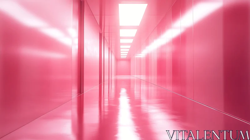 Monochrome pink reflective corridor with recessed ceiling lights