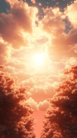 Glowing sunset sky framed by dense rose colored trees.