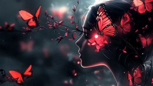 Side profile silhouette meets glowing red butterflies in bloom