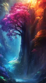 Luminescent fantasy tree rises through misty canyon light