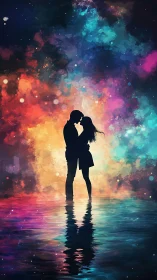 Silhouetted Couple Kissing Against Cosmic Nebula.