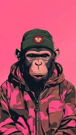 Streetwear chimp portrait pops against vivid pink field.