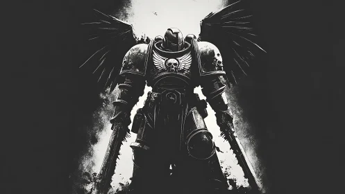 Winged armored warrior stands in stark monochrome contrast