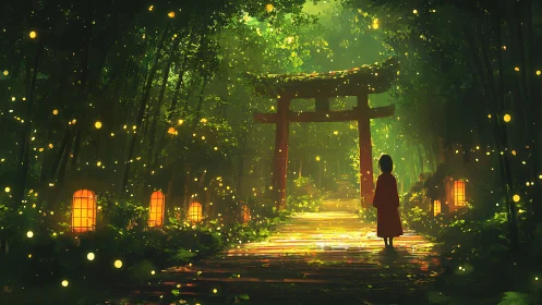 Child in forest pathway before illuminated torii gate at dusk.