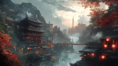 Tiered mountain settlement with red lantern illumination at dusk.