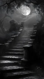 Moonlit stone stairway ascending through misted gothic forest.